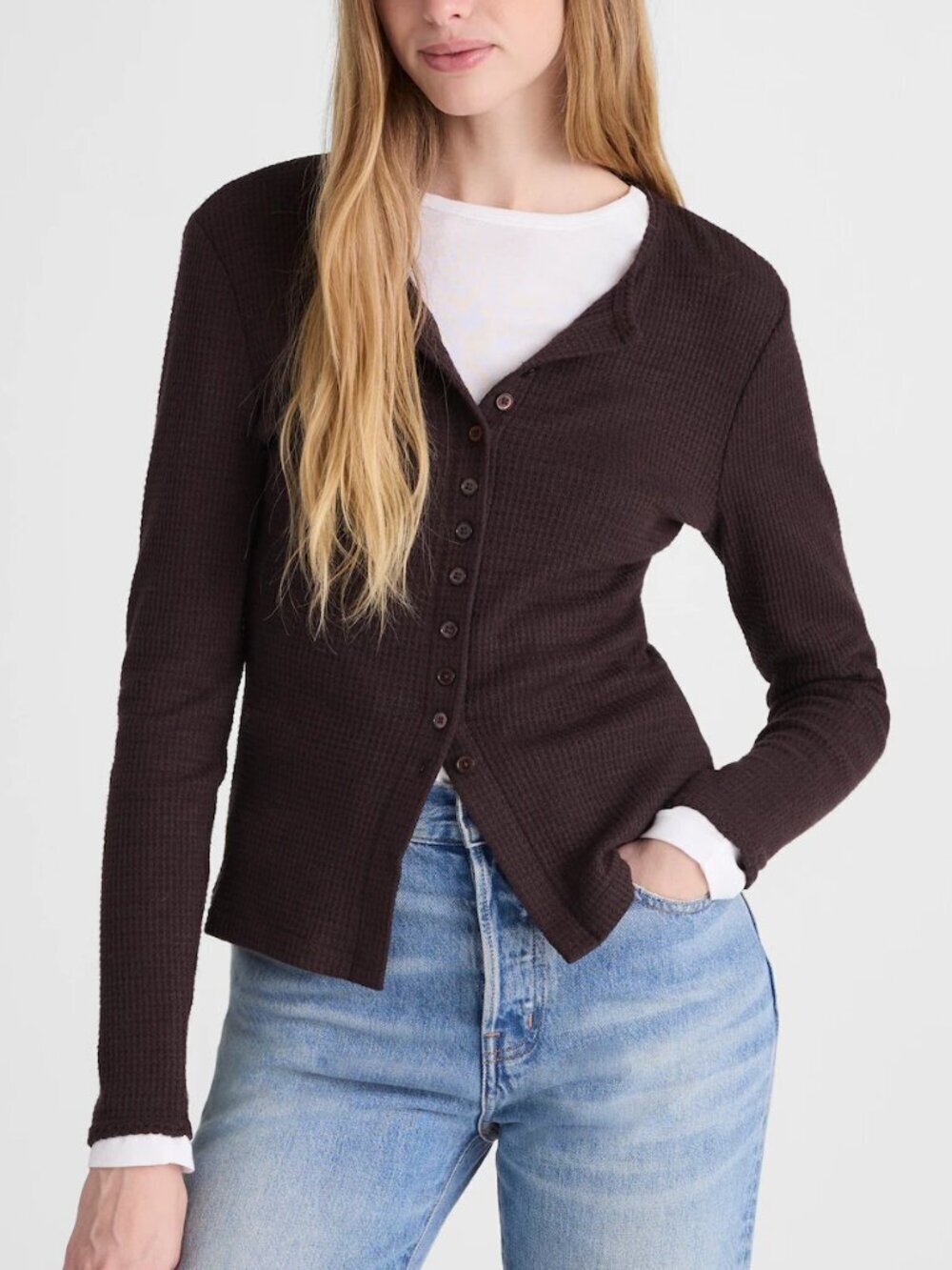 Madewell Waffle Knit Cutaway Crewneck Button Up Cardigan Brown Size S NWT